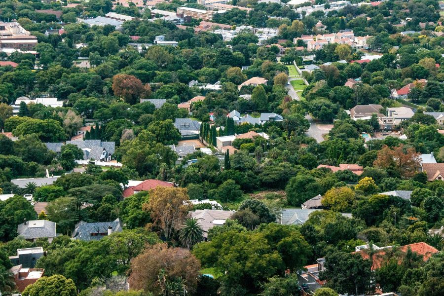 drone shot of a Redding neighborhood with lots of trees