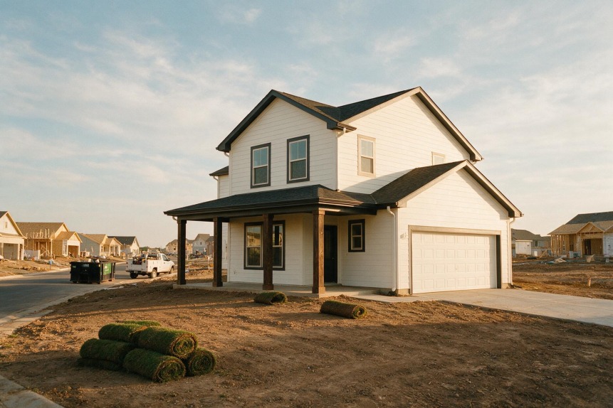 New construction spec house with landscaped front yard, landscape photo