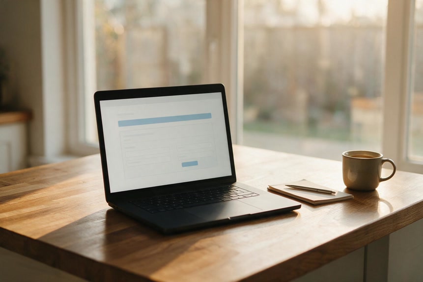Kitchen counter with laptop open to a mortgage payment calculator